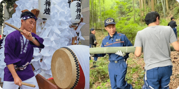 いざき大義が小倉祇園太鼓を打つ様子と消防団に参加している様子。
